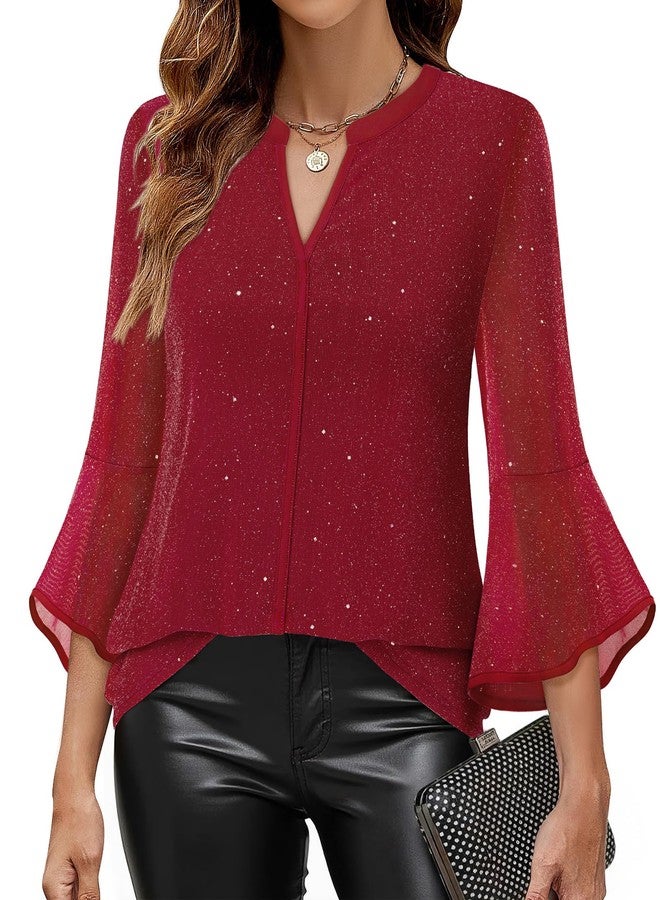 VALOLIA Dressy Tops For Women Night Out, Womens Fancy Blouses And Tops Dressy Casual Long Sleeve Evening Blouses For Women Elegant Classy Vintage Festival Tunic Shirts Sparkly Red X-Large - Image 2